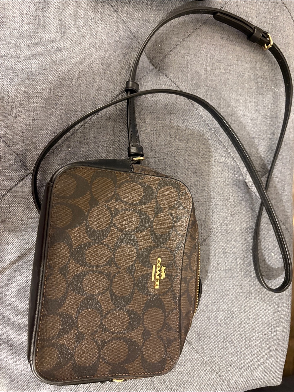 Coach Brown Signature Canvas Crossbody with Black Leather Strap
